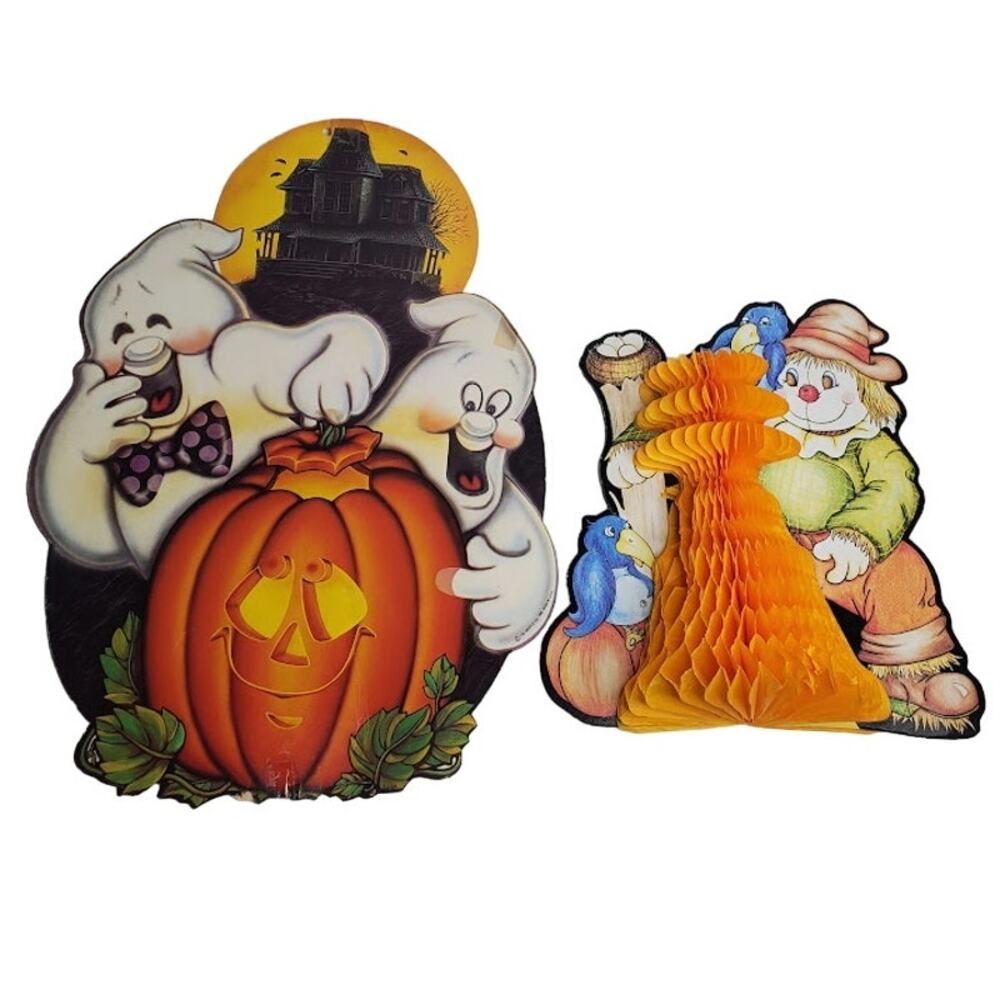 The Beistle Company 1983 Vintage Halloween Decorations Ghost Honeycomb Scarecrow